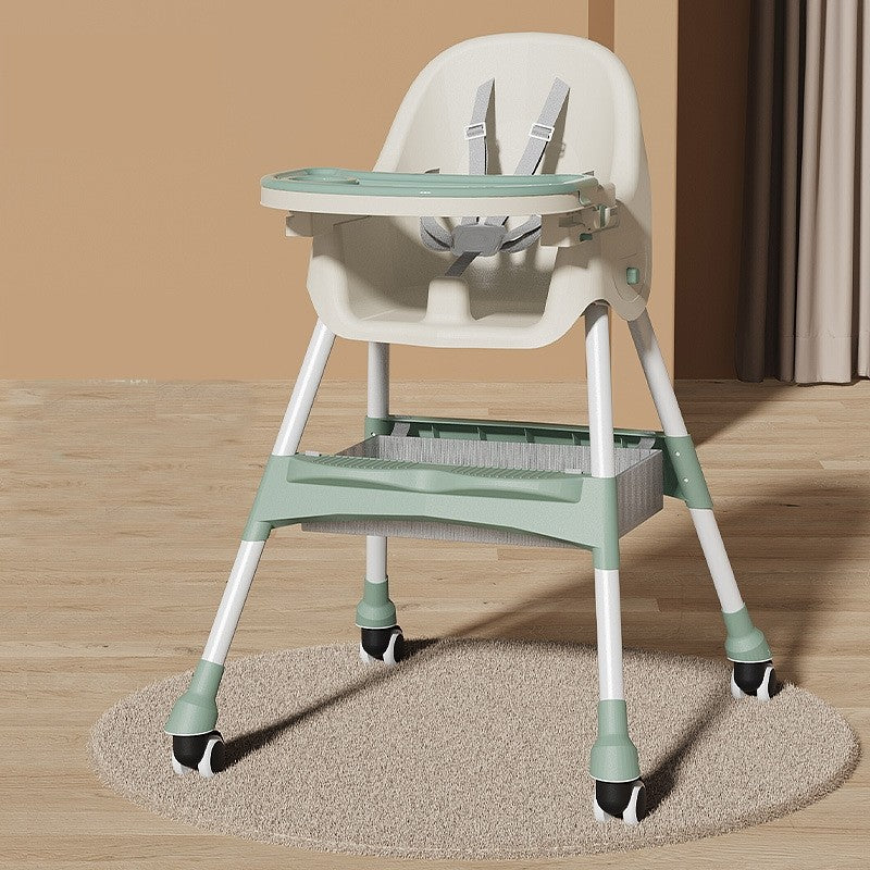 Scaun de masa pentru bebelusi si copii Kaveny, cu roti, telescopic, pliabil, masuta reglabila, suport picioare, scaun invelis piele artificiala, centura siguranta, spatiu depozitare, 97 x 73 x 65 cm, verde