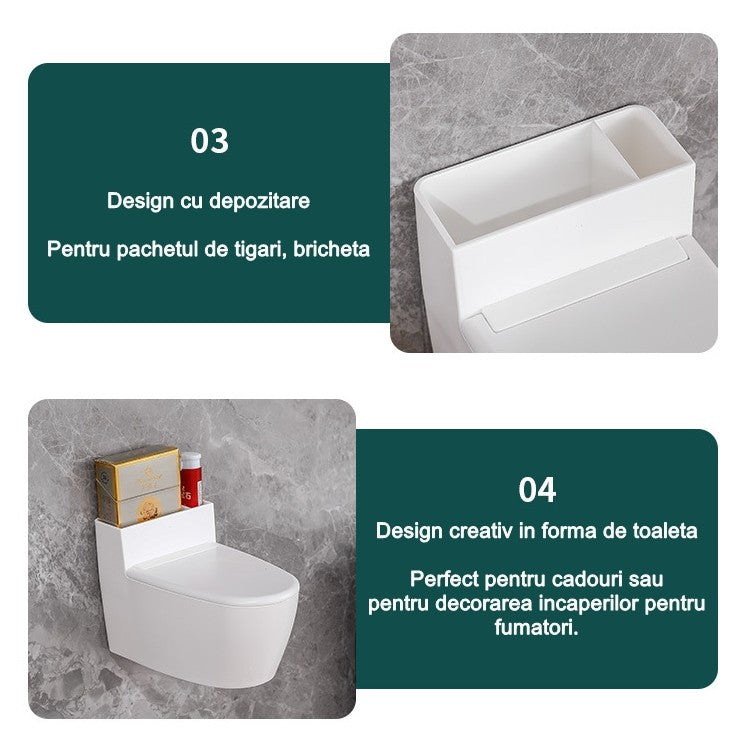 Scrumiera creativa Kadeny, Forma de Toaleta, Capac Alb , Material ABS si Otel Inoxidabil, 12.5 x 10 x 8 cm, Fixare prin Lipire sau De Sine Statator, pentru Baie, Camera, Bucatarie, Balcon, Alb, model 2