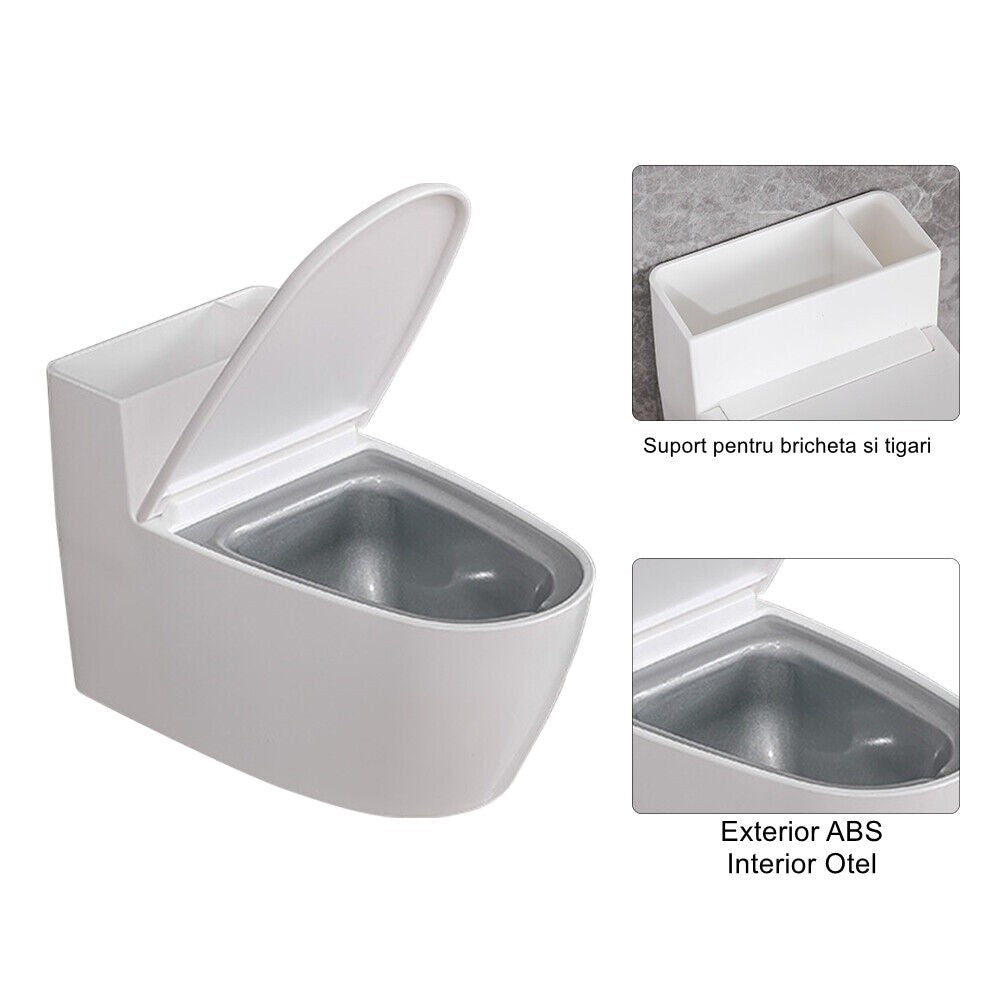 Scrumiera creativa Kadeny, Forma de Toaleta, Capac Alb , Material ABS si Otel Inoxidabil, 12.5 x 9.8 x 8.4 cm, Fixare prin Lipire sau De Sine Statator, pentru Baie, Camera, Bucatarie, Balcon, Alb