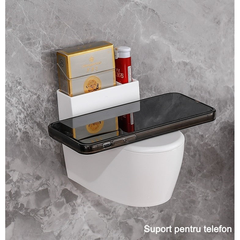 Scrumiera creativa Kadeny, Forma de Toaleta, Capac Alb , Material ABS si Otel Inoxidabil, 12.5 x 9.8 x 8.4 cm, Fixare prin Lipire sau De Sine Statator, pentru Baie, Camera, Bucatarie, Balcon, Alb