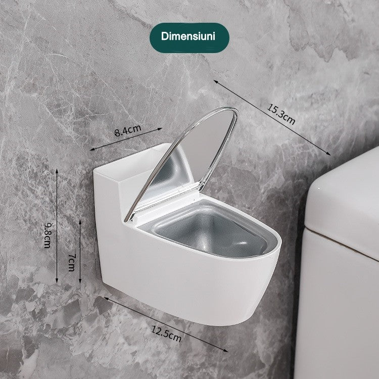 Scrumiera creativa Kadeny, Forma de Toaleta, Capac Argintiu, Material ABS si Otel Inoxidabil, 12.5 x 9.8 x 8.4 cm, Fixare prin Lipire sau De Sine Statator, pentru Baie, Camera, Bucatarie, Balcon, Argintiu