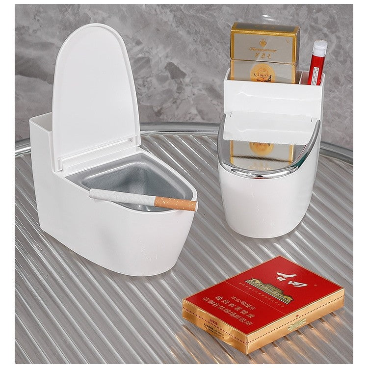 Scrumiera creativa Kadeny, Forma de Toaleta, Capac Argintiu, Material ABS si Otel Inoxidabil, 12.5 x 9.8 x 8.4 cm, Fixare prin Lipire sau De Sine Statator, pentru Baie, Camera, Bucatarie, Balcon, Argintiu