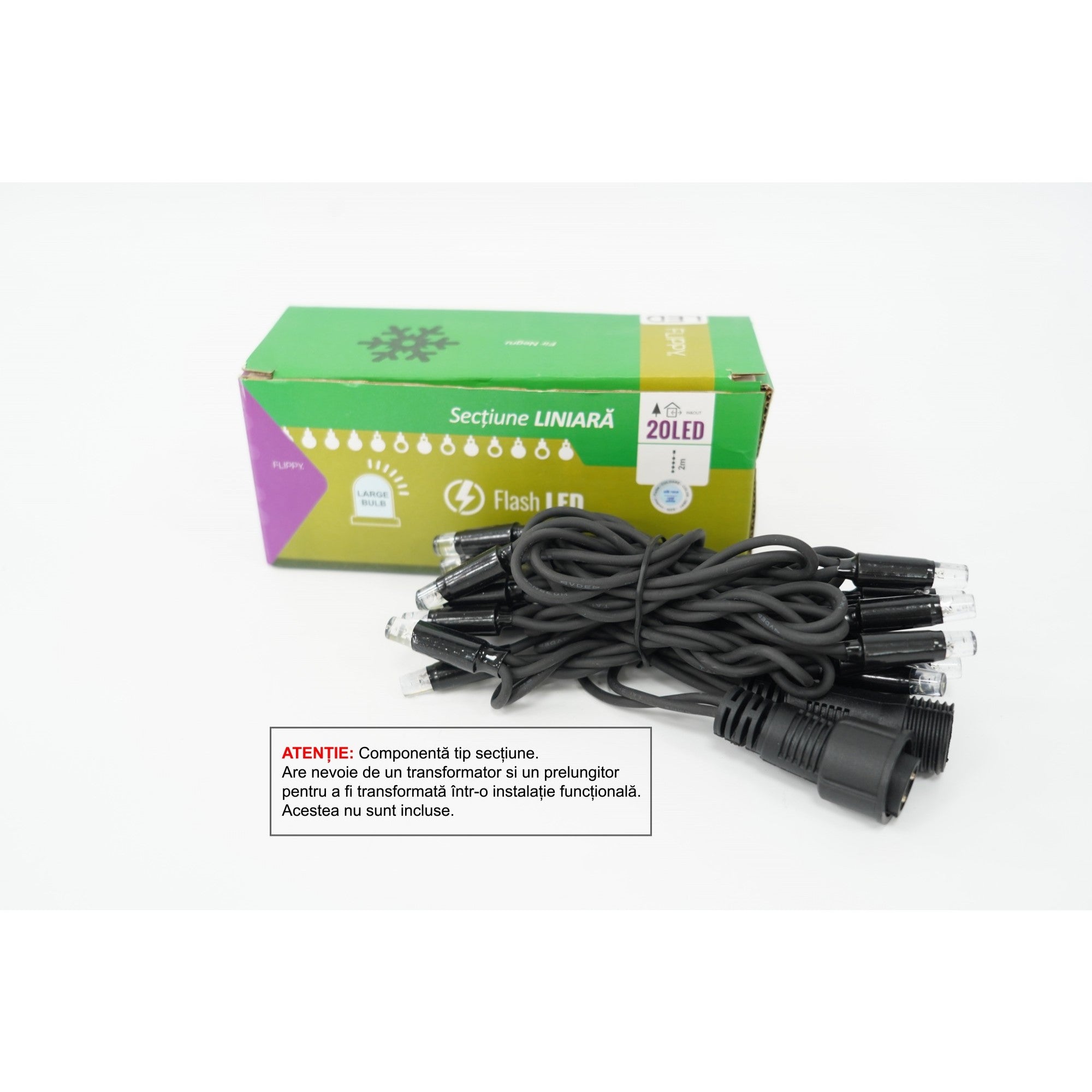 Sectiune Instalatie de Craciun Kaveny Tip Liniara, cu Flash, 2 m, 20 LED-uri, Interconectabila, Fir Negru, Alb-Rece, Atentie! nu contine Alimentator
