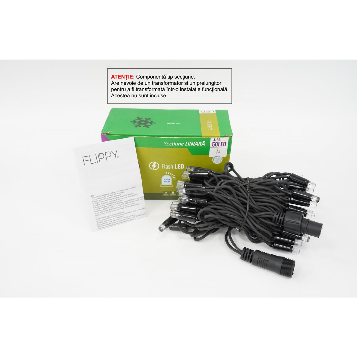 Sectiune Instalatie de Craciun Kaveny Tip Liniara, cu Flash, 5 m, 50 LED-uri, Interconectabila, Fir Negru, Alb-Rece