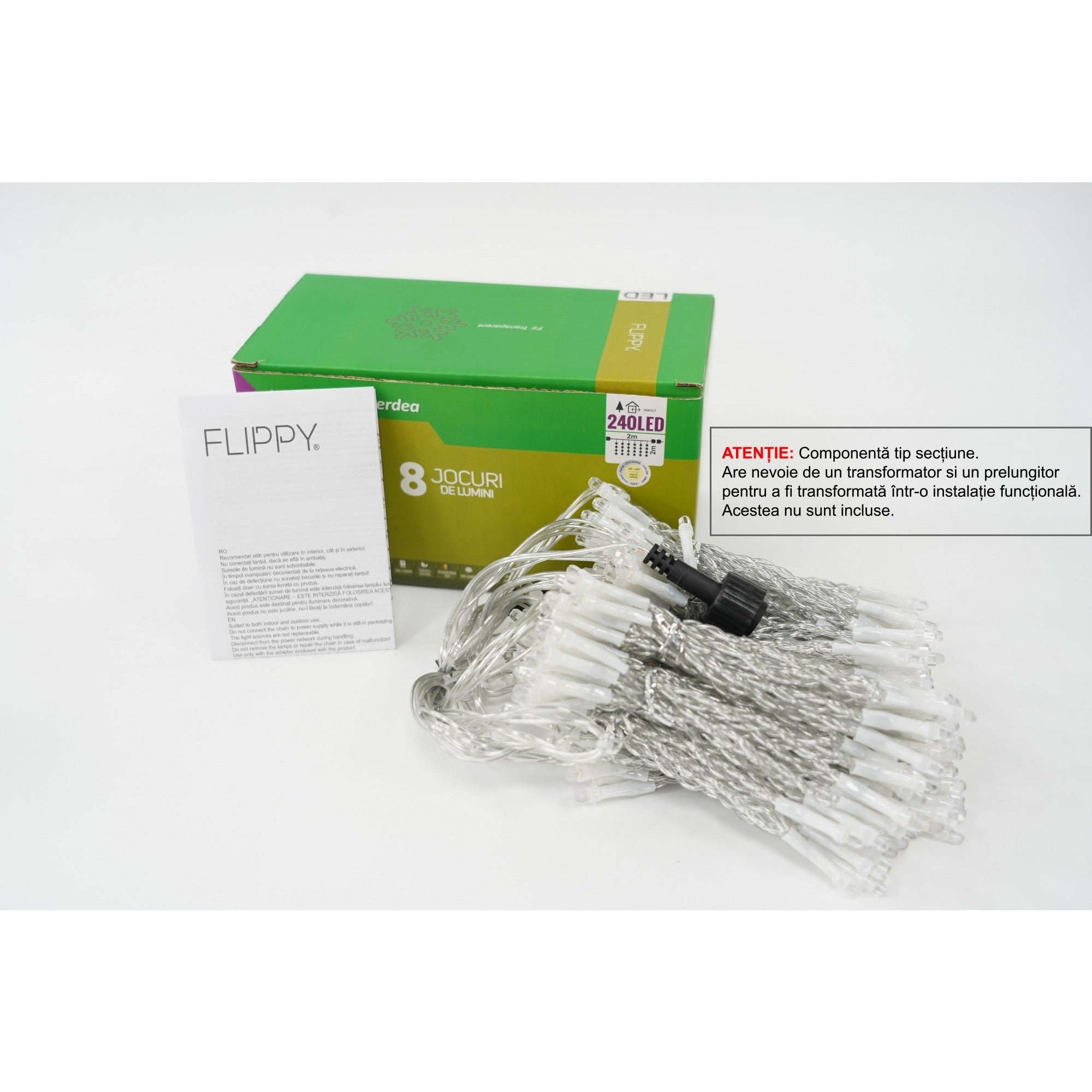 Sectiune Instalatie de Craciun Kaveny Tip Perdea, 8 jocuri de lumini, 2m x2 m, 240 LED-uri, Interconectabila, Fir Transparent, Alb-cald