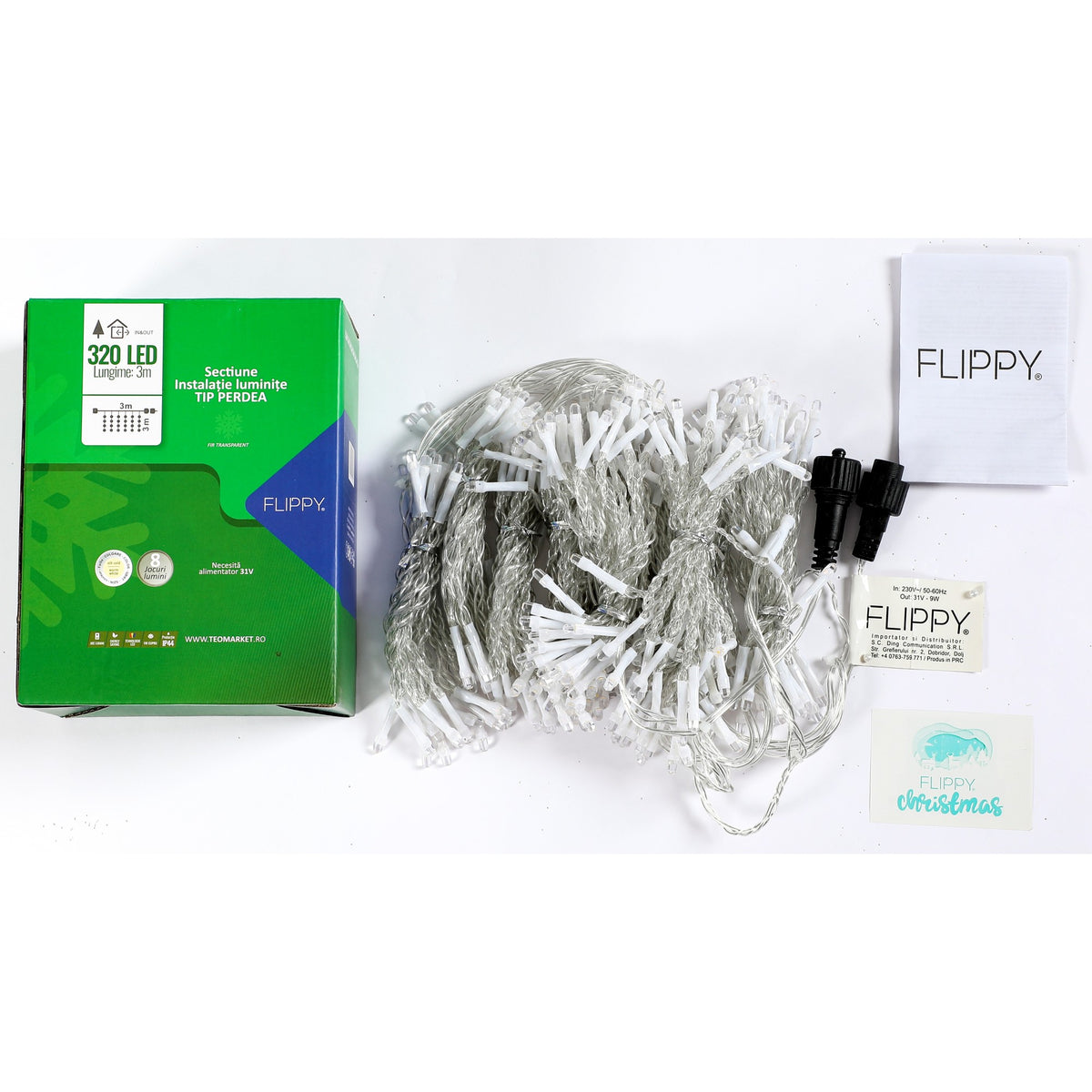 Sectiune Instalatie de Craciun Kaveny Tip Perdea, cu 8 jocuri de lumini, 3 m x 3 m, 320 LED-uri, Interconectabila, Fir Transparent, Alb Cald