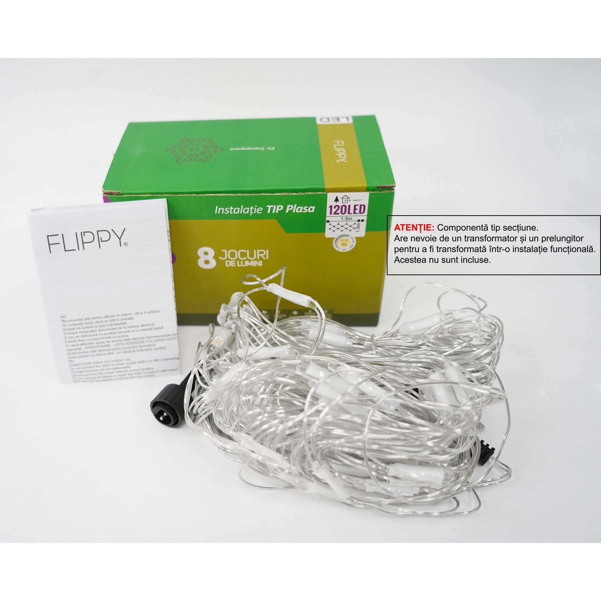 Sectiune Instalatie de Craciun Kaveny, Tip Plasa, 120 LED-uri, 1.5 x 1.5 m, 8 jocuri de lumini, Interconectabila, Fir transparent, Alb cald