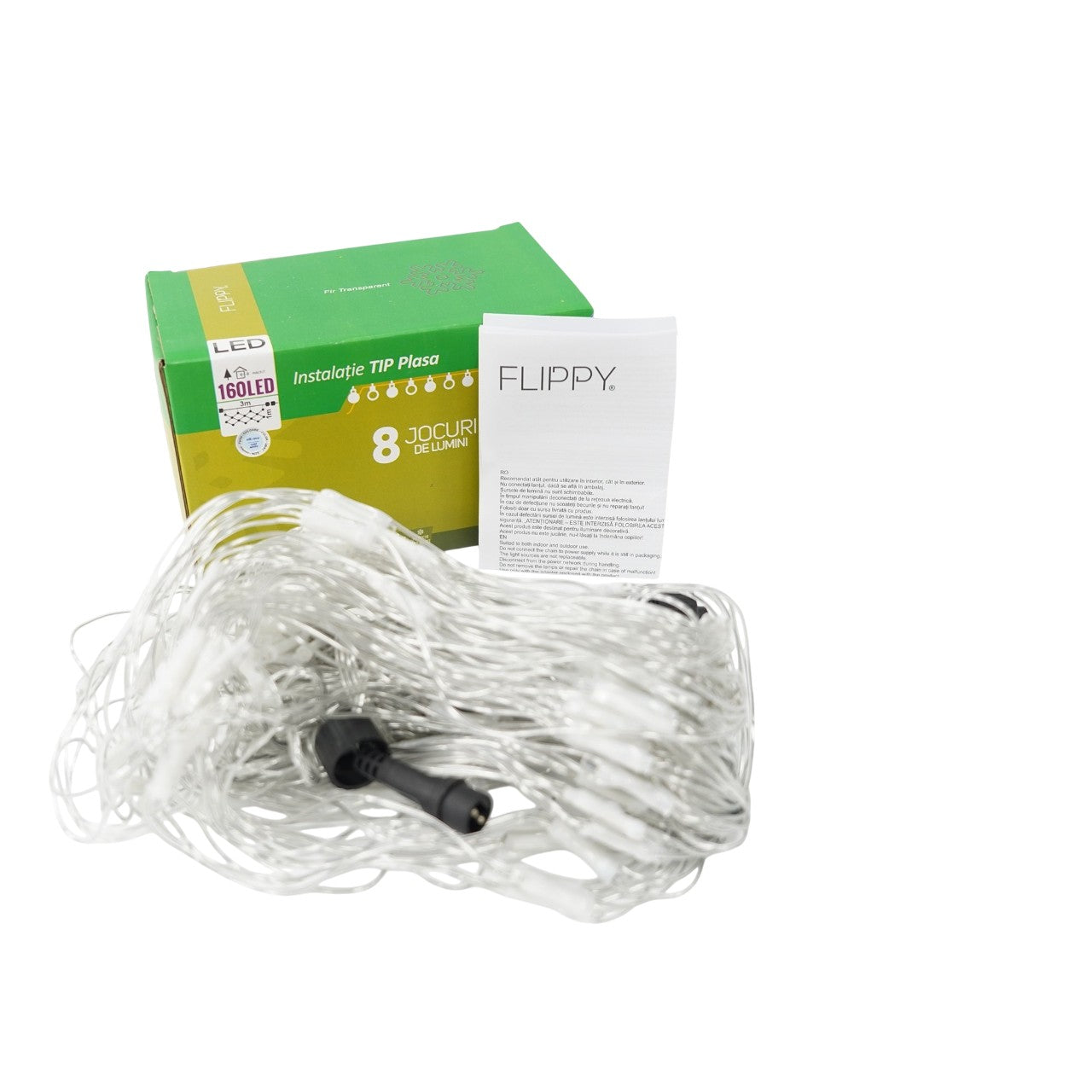 Sectiune Instalatie de Craciun Kaveny, Tip Plasa, 160 LED-uri, 3 m x 1 m, 8 jocuri de lumini, Interconectabila, Fir transparent, Alb rece