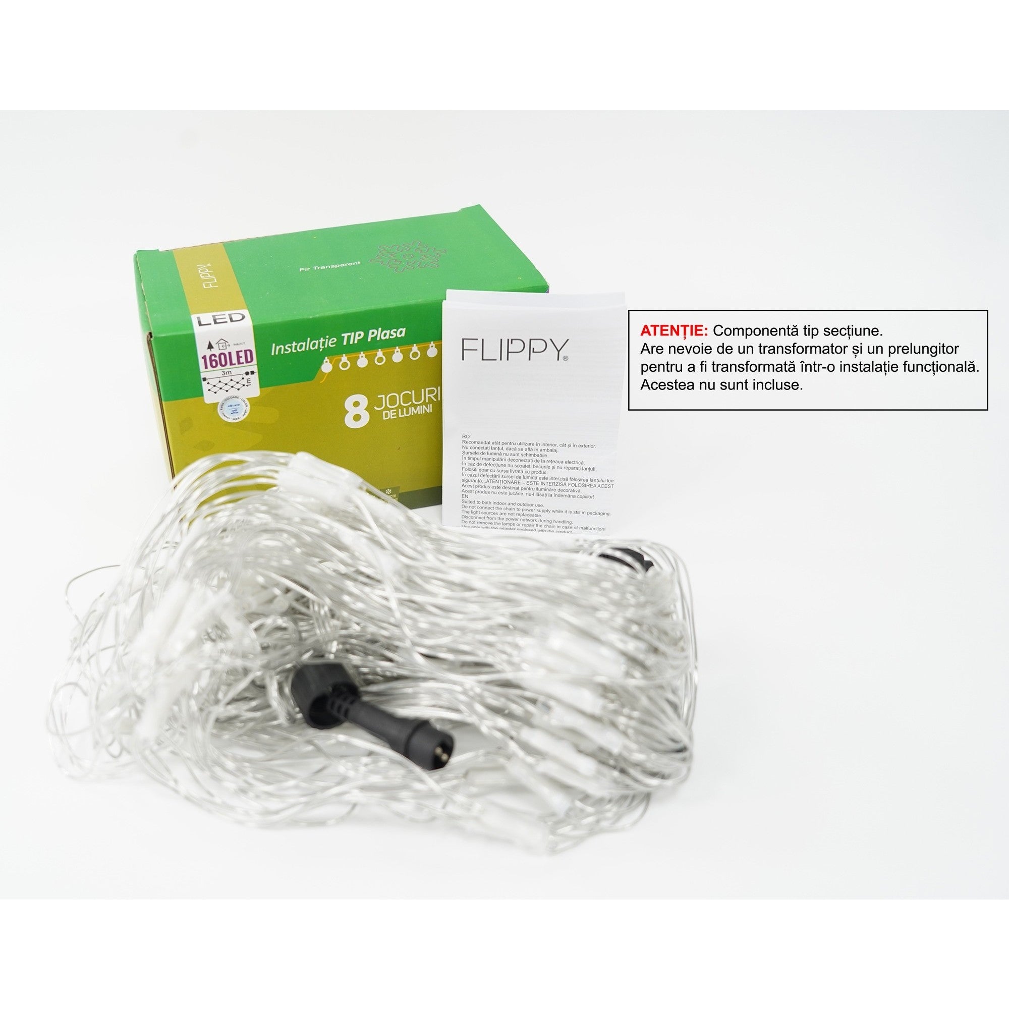 Sectiune Instalatie de Craciun Kaveny, Tip Plasa, 160 LED-uri, 3 m x 1 m, 8 jocuri de lumini, Interconectabila, Fir transparent, Alb rece