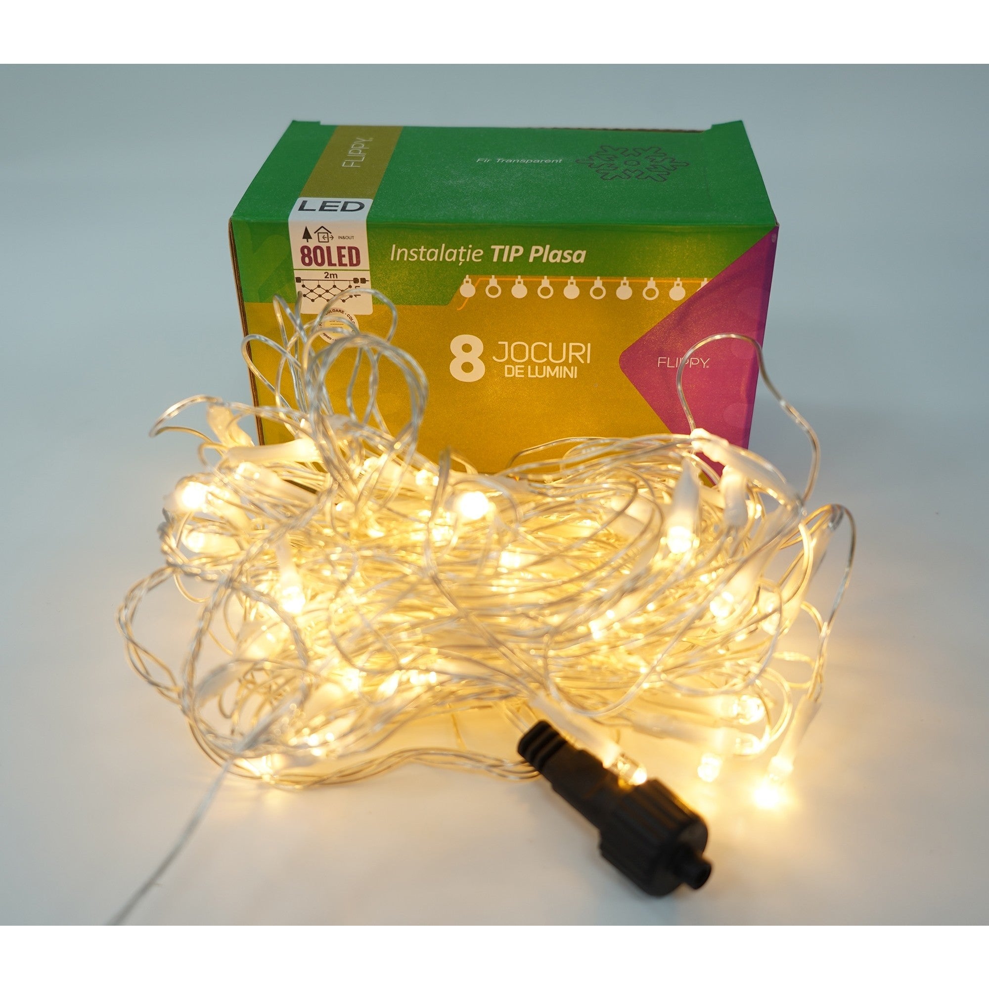 Sectiune Instalatie de Craciun Kaveny, Tip Plasa, 80 LED-uri, 2 m x 1 m, 8 jocuri de lumini, Interconectabila, Fir transparent, Alb cald