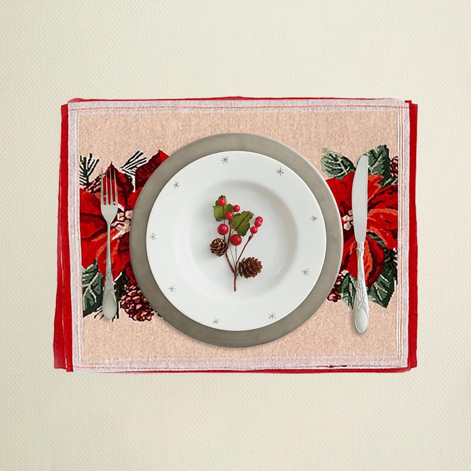 Servet pentru Masa, Kadeny, Model Craciunite, Tematica Craciun, 43 x 34 cm, Rosu