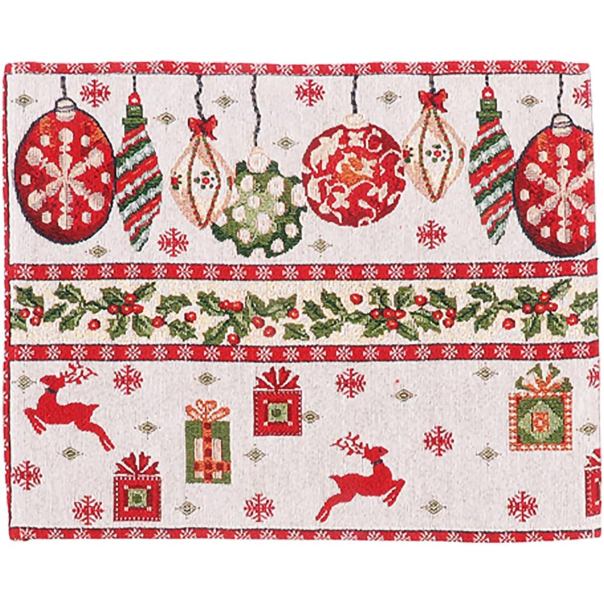Servet pentru Masa, Kaveny, Model Globulete si Cadouri, Tematica Craciun, 43 x 34 cm, Rosu