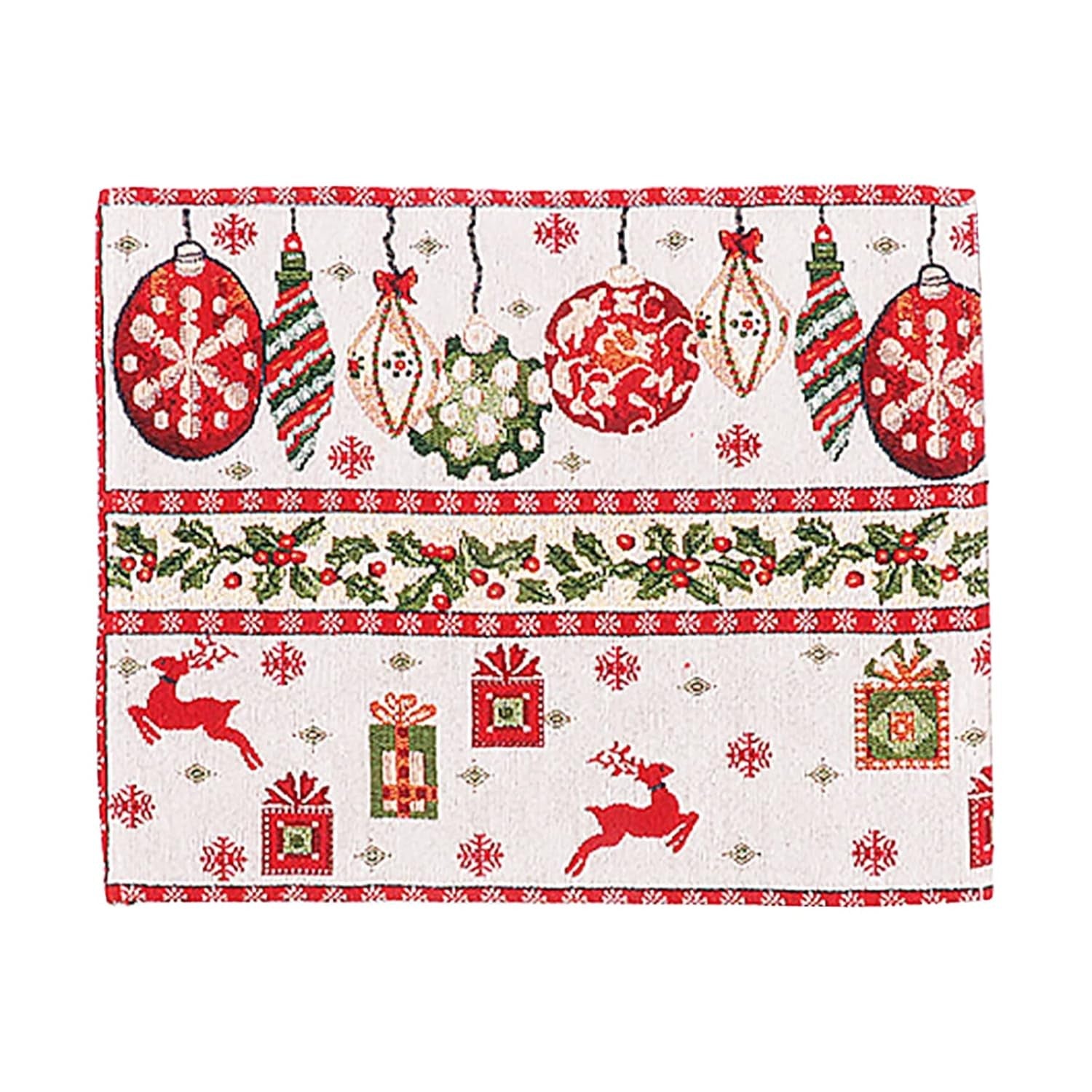 Servet pentru Masa, Kaveny, Model Globulete si Cadouri, Tematica Craciun, 43 x 34 cm, Rosu