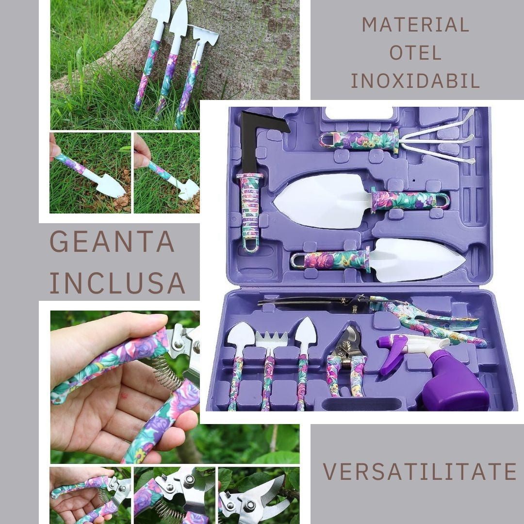 Set 10 accesorii pentru gradinarit Kadeny, geanta depozitare inclusa, otel inoxidabil, 37 x 28 cm, mov