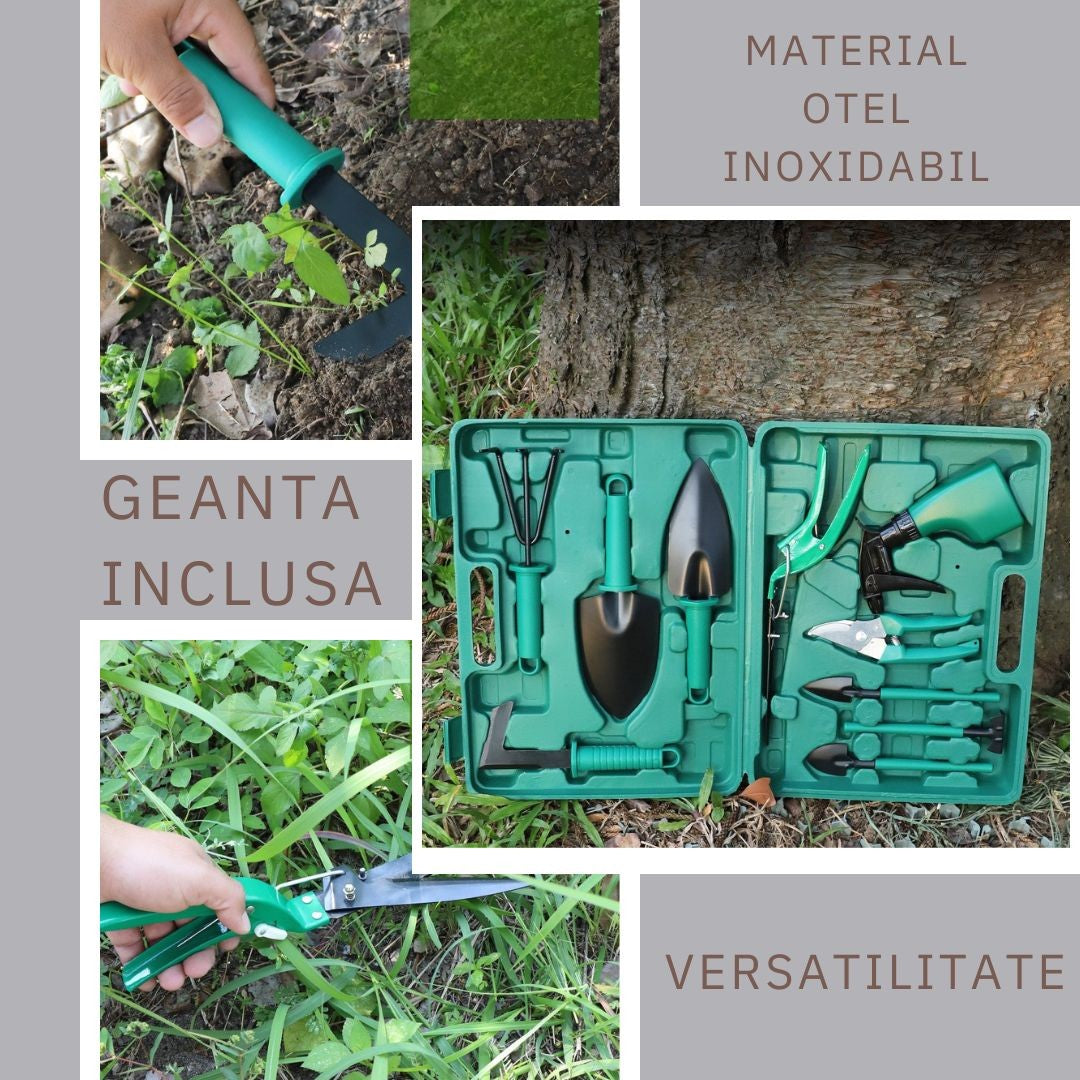 Set 10 accesorii pentru gradinarit Kadeny, geanta depozitare inclusa, otel inoxidabil, 37 x 28 cm, verde