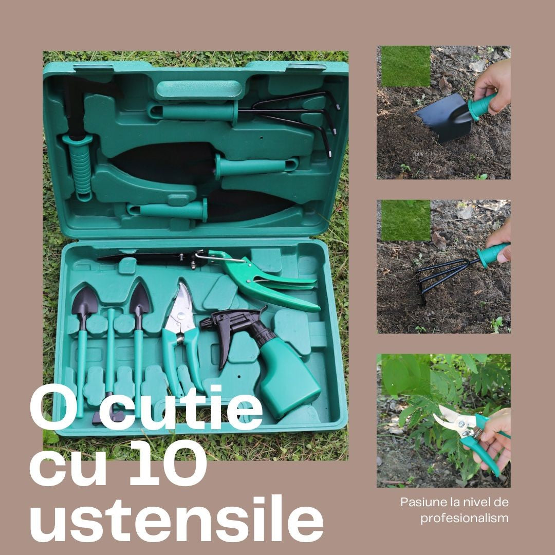 Set 10 accesorii pentru gradinarit Kadeny, geanta depozitare inclusa, otel inoxidabil, 37 x 28 cm, verde