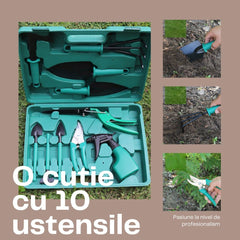 Set 10 accesorii pentru gradinarit Kadeny, geanta depozitare inclusa, otel inoxidabil, 37 x 28 cm, verde