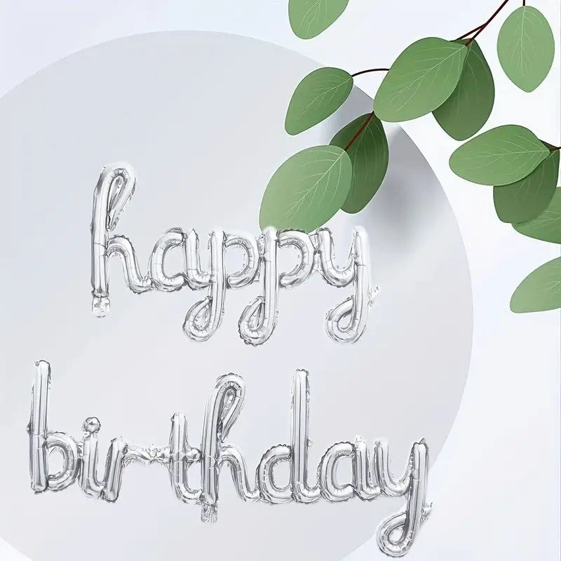 Set 10 Baloane din Folie Metalizata, Kaveny, Figurine Litere, Model Scris de Mana Happy Birthday, Tema Aniversare, 40 cm, Ambalaj Individual, Pai Inclus, Umflare cu Aer sau Heliu, Argintiu