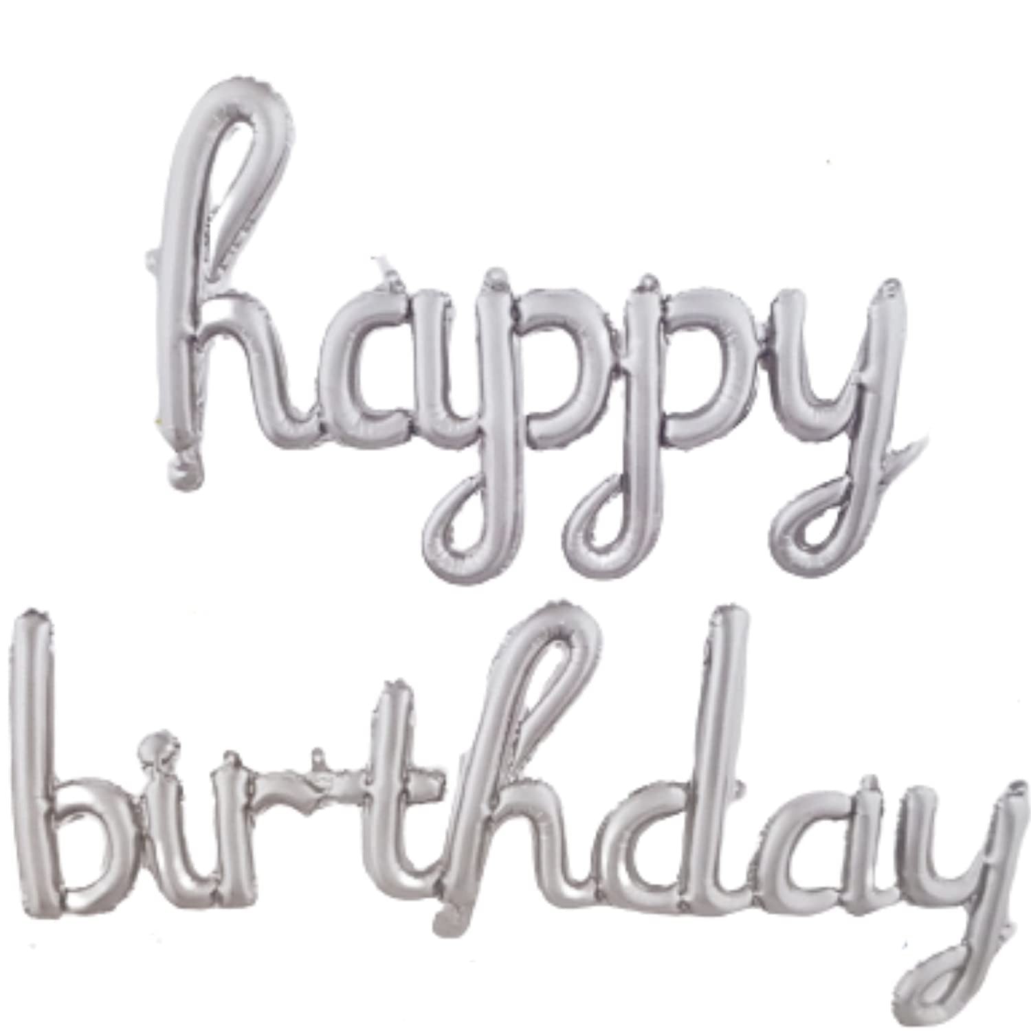 Set 10 Baloane din Folie Metalizata, Kaveny, Figurine Litere, Model Scris de Mana Happy Birthday, Tema Aniversare, 40 cm, Ambalaj Individual, Pai Inclus, Umflare cu Aer sau Heliu, Argintiu