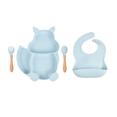 Set 10 piese diversificare bebelusi si copii din silicon Kaveny, baveta, farfurie compartimentata cu ventuza, bol cu ventuza, tacamuri din lemn si silicon, cana pentru gustari, fara alergeni, baby blue