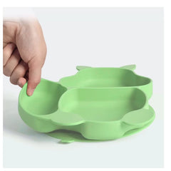 Set 10 piese diversificare bebelusi si copii din silicon Kaveny, baveta, farfurie compartimentata cu ventuza, bol cu ventuza, tacamuri din lemn si silicon, cana pentru gustari, fara alergeni, verde