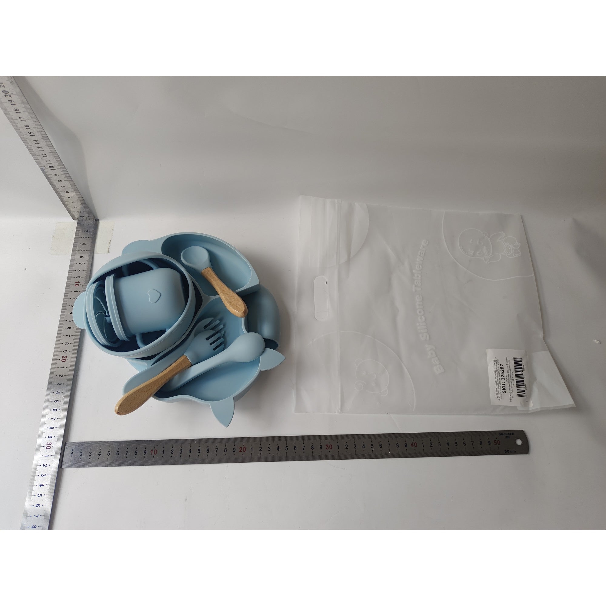 Set 10 piese diversificare bebelusi si copii din silicon Kaveny, baveta, farfurie compartimentata cu ventuza, bol cu ventuza, tacamuri din lemn si silicon, cana pentru gustari, fara alergeni, baby blue