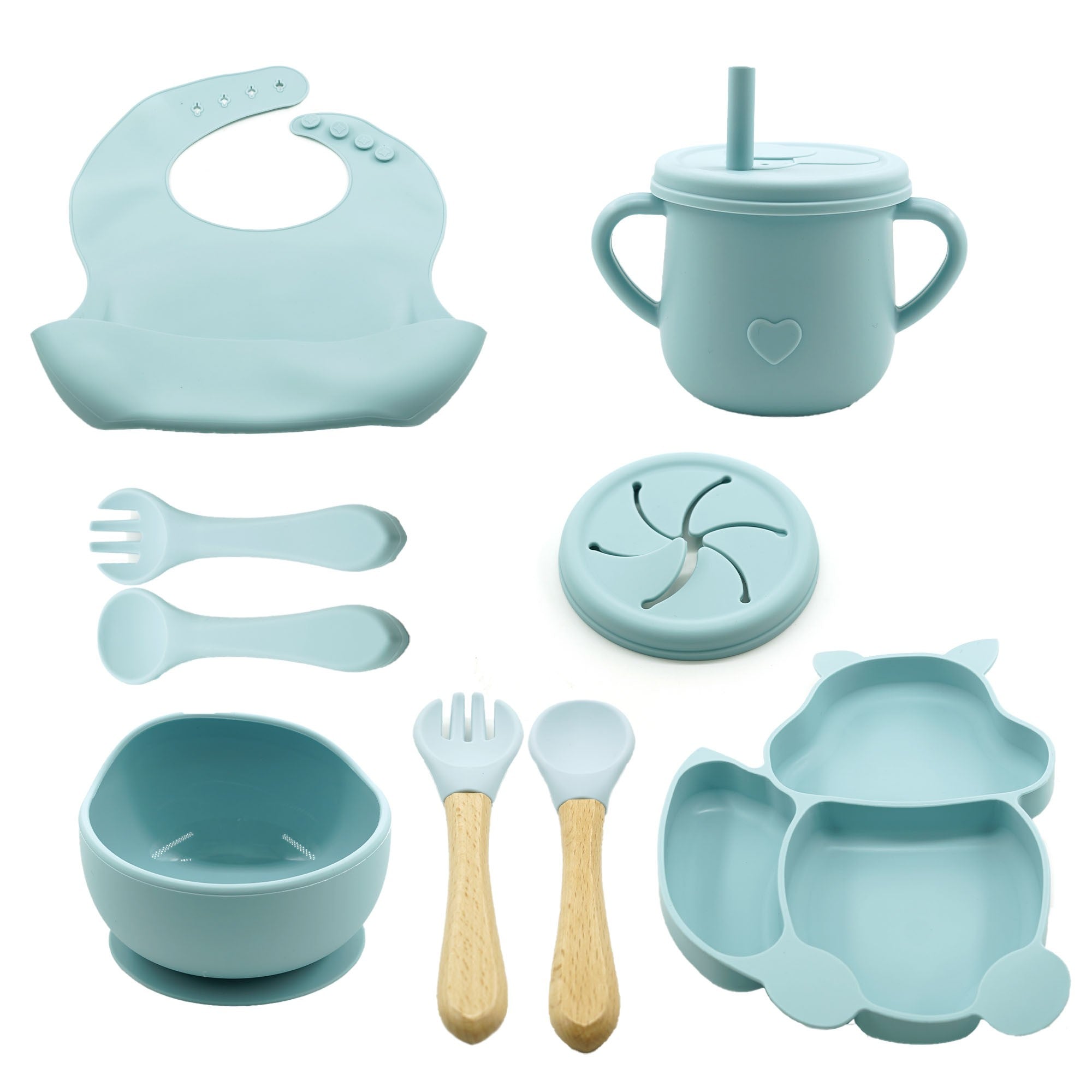 Set 10 piese diversificare bebelusi si copii din silicon Kaveny, baveta, farfurie compartimentata cu ventuza, bol cu ventuza, tacamuri din lemn si silicon, cana pentru gustari, fara alergeni, baby blue