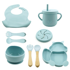 Set 10 piese diversificare bebelusi si copii din silicon Kaveny, baveta, farfurie compartimentata cu ventuza, bol cu ventuza, tacamuri din lemn si silicon, cana pentru gustari, fara alergeni, baby blue