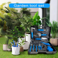 Set 10 Unelte de Gradina, Kadeny, pentru Plantare Prelucrare Sol si Ingrijire Plante, Manere Albastre, Material PVC si Otel Inoxidabil, Cutie Inclusa, 37x28x7 cm, Negru