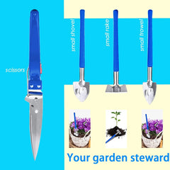 Set 10 Unelte de Gradina, Kadeny, pentru Plantare Prelucrare Sol si Ingrijire Plante, Manere Albastre, Material PVC si Otel Inoxidabil, Cutie Inclusa, 37x28x7 cm, Negru