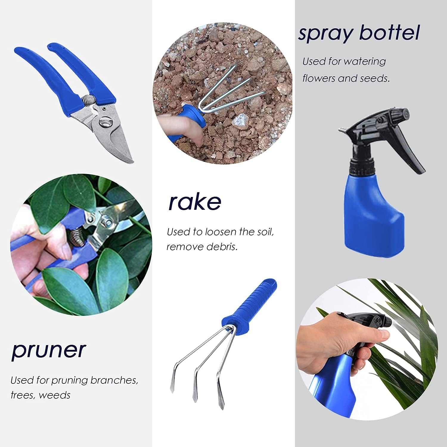 Set 10 Unelte de Gradina, Kadeny, pentru Plantare Prelucrare Sol si Ingrijire Plante, Manere Albastre, Material PVC si Otel Inoxidabil, Cutie Inclusa, 37x28x7 cm, Negru