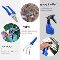 Set 10 Unelte de Gradina, Kadeny, pentru Plantare Prelucrare Sol si Ingrijire Plante, Manere Albastre, Material PVC si Otel Inoxidabil, Cutie Inclusa, 37x28x7 cm, Negru