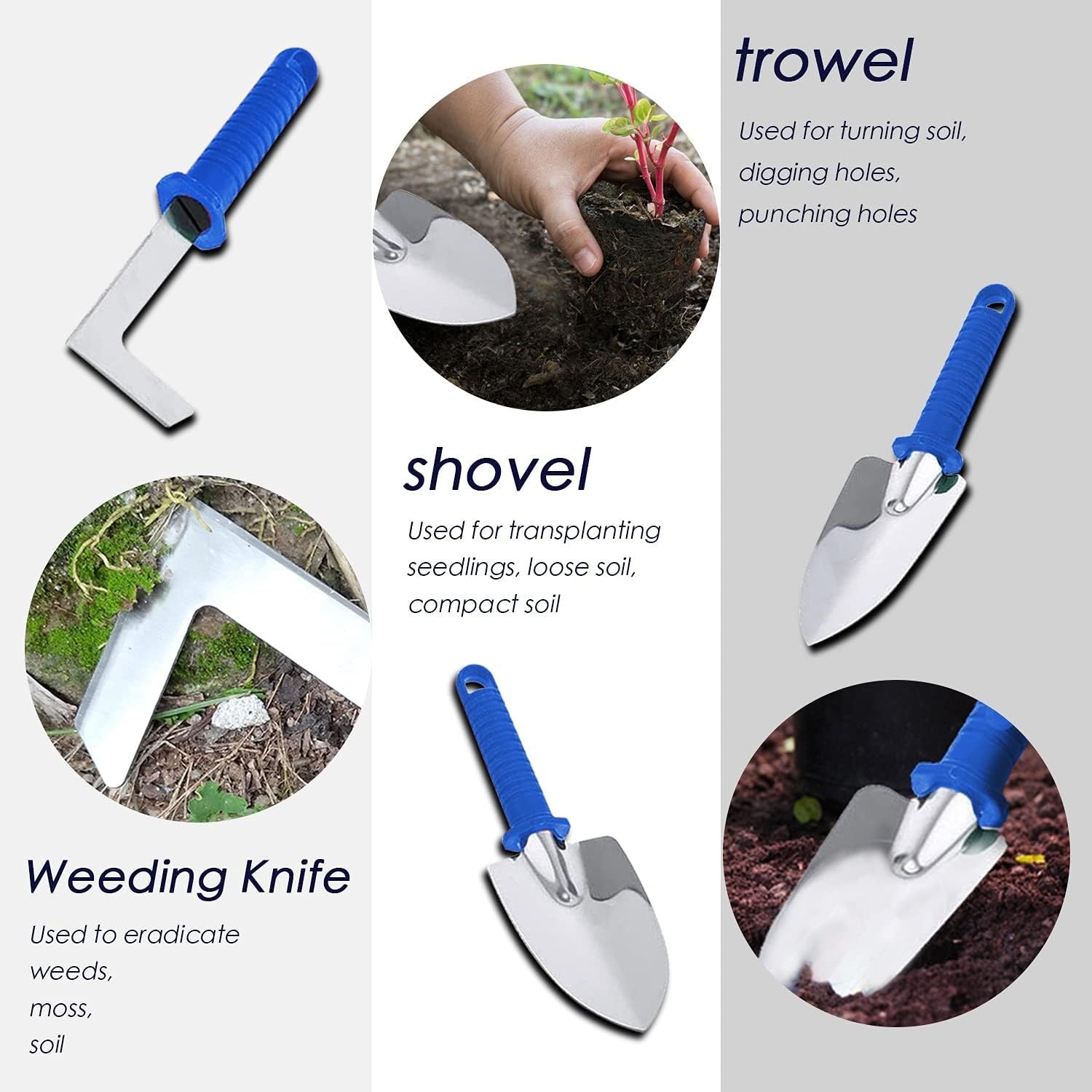 Set 10 Unelte de Gradina, Kadeny, pentru Plantare Prelucrare Sol si Ingrijire Plante, Manere Albastre, Material PVC si Otel Inoxidabil, Cutie Inclusa, 37x28x7 cm, Negru