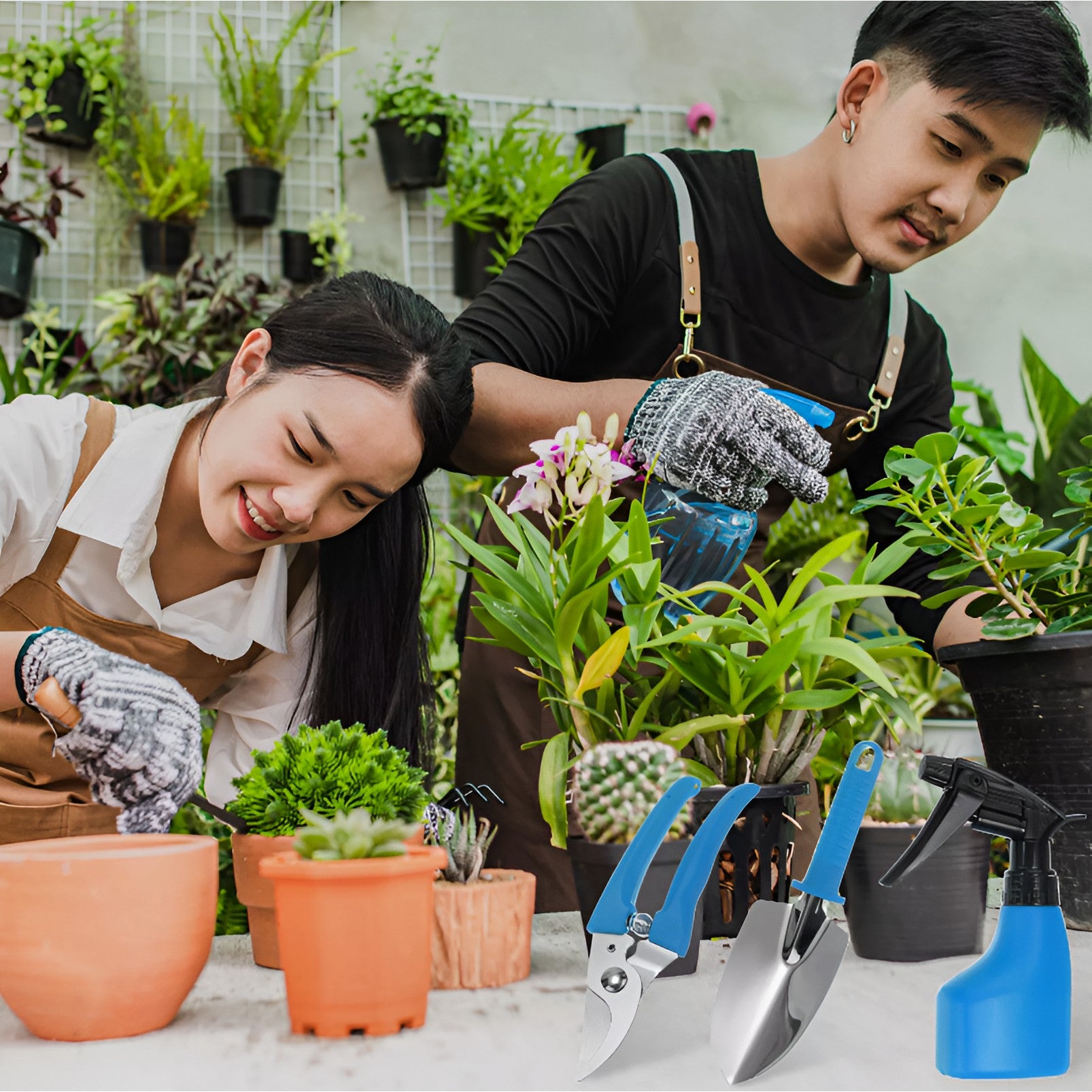 Set 10 Unelte de Gradina, Kadeny, pentru Plantare Prelucrare Sol si Ingrijire Plante, Manere Albastre, Material PVC si Otel Inoxidabil, Cutie Inclusa, 37x28x7 cm, Negru