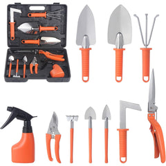 Set 10 Unelte de Gradina, Kadeny, pentru Plantare Prelucrare Sol si Ingrijire Plante, Manere Portocalii, Material PVC si Otel Inoxidabil, Cutie Inclusa, 37x28x7 cm, Negru