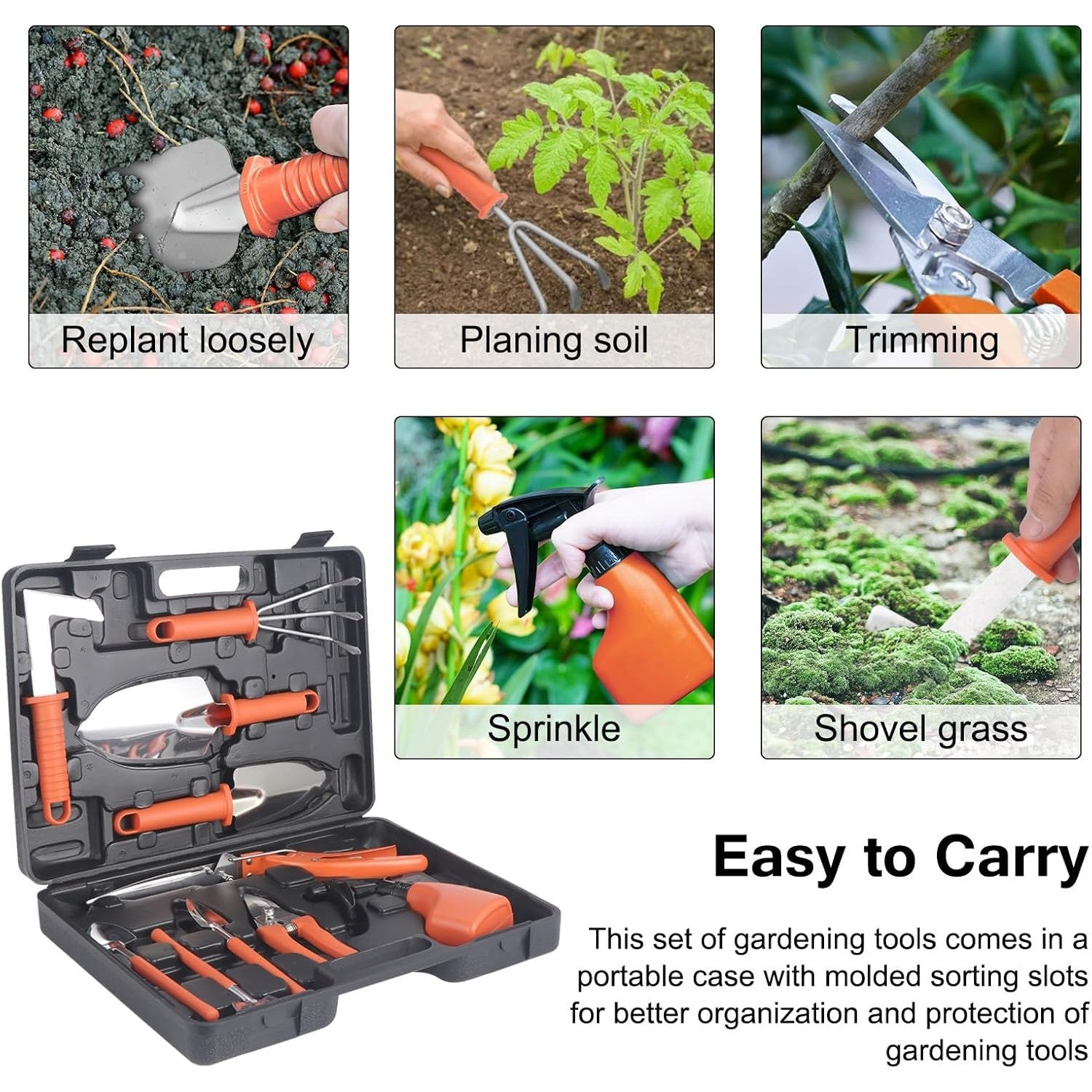 Set 10 Unelte de Gradina, Kadeny, pentru Plantare Prelucrare Sol si Ingrijire Plante, Manere Portocalii, Material PVC si Otel Inoxidabil, Cutie Inclusa, 37x28x7 cm, Negru