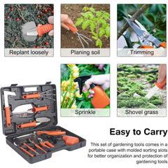 Set 10 Unelte de Gradina, Kadeny, pentru Plantare Prelucrare Sol si Ingrijire Plante, Manere Portocalii, Material PVC si Otel Inoxidabil, Cutie Inclusa, 37x28x7 cm, Negru