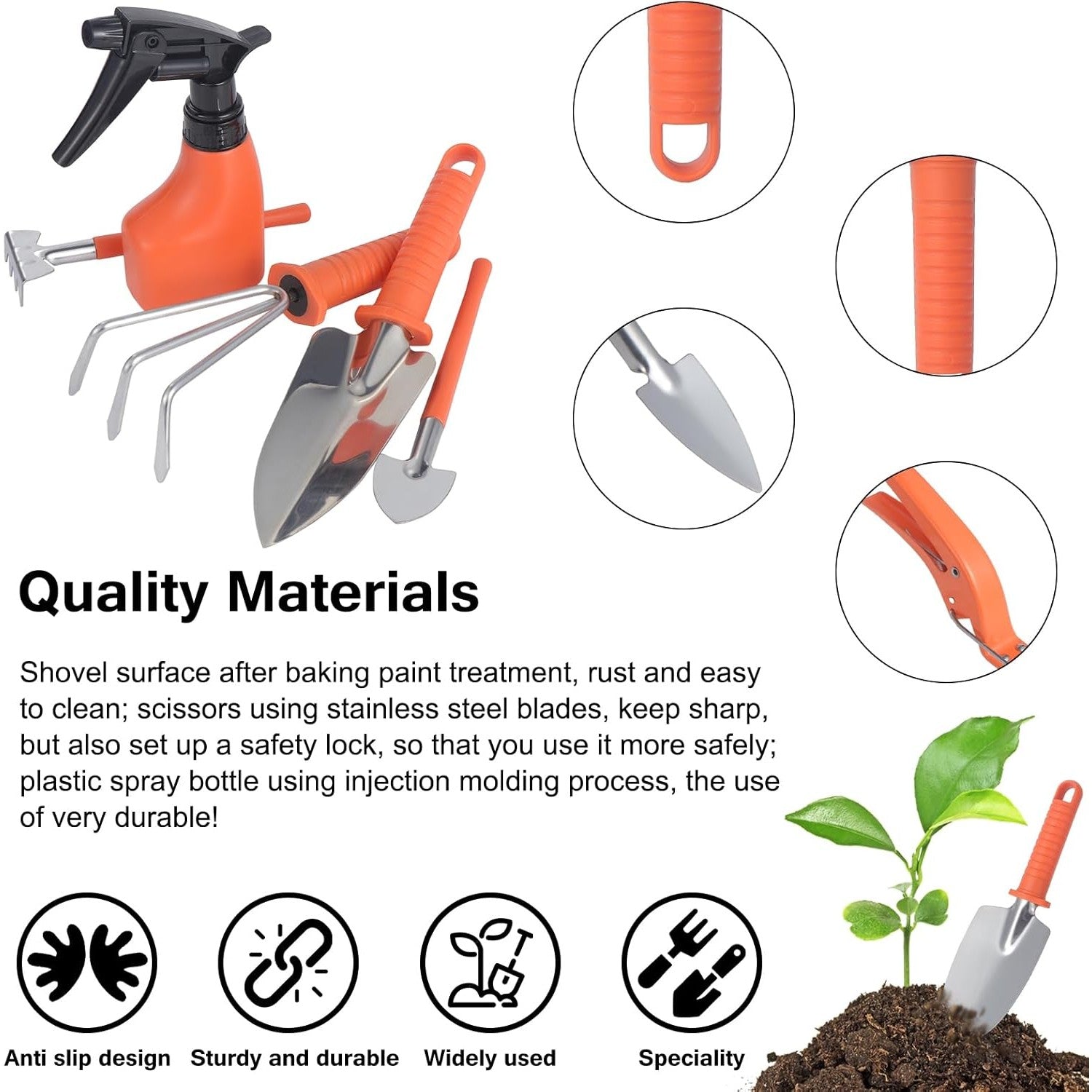 Set 10 Unelte de Gradina, Kadeny, pentru Plantare Prelucrare Sol si Ingrijire Plante, Manere Portocalii, Material PVC si Otel Inoxidabil, Cutie Inclusa, 37x28x7 cm, Negru