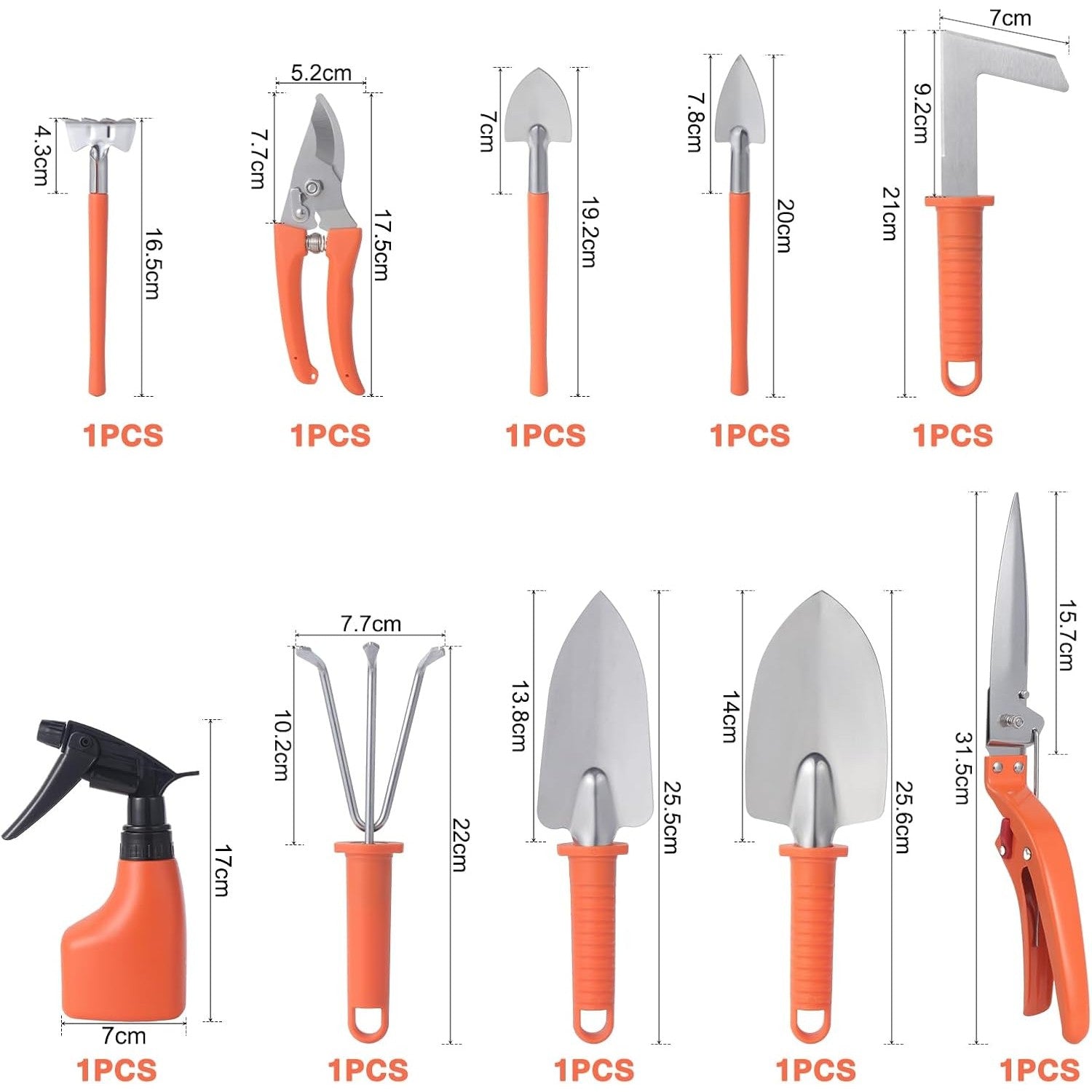 Set 10 Unelte de Gradina, Kadeny, pentru Plantare Prelucrare Sol si Ingrijire Plante, Manere Portocalii, Material PVC si Otel Inoxidabil, Cutie Inclusa, 37x28x7 cm, Negru