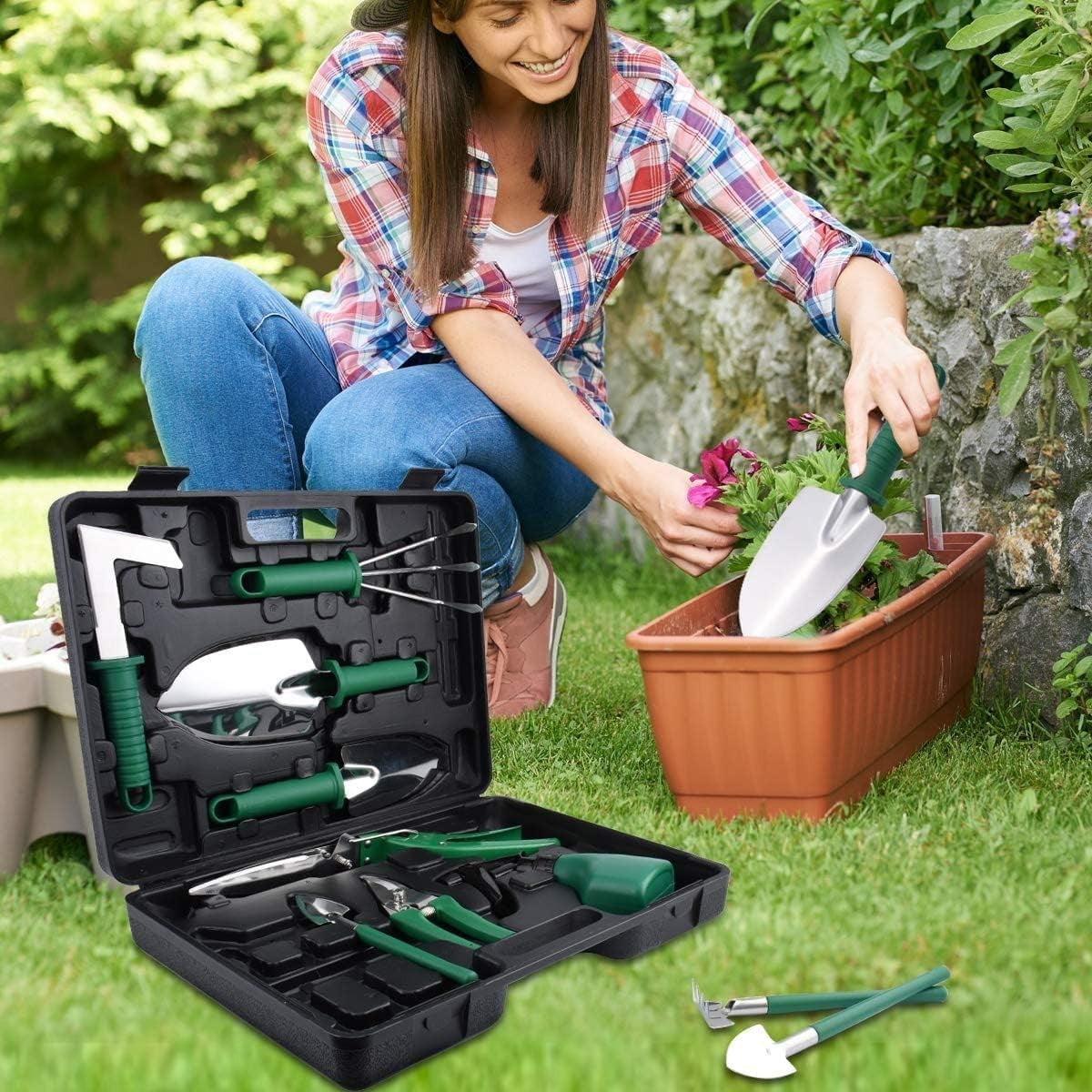 Set 10 Unelte de Gradina, Kadeny, pentru Plantare Prelucrare Sol si Ingrijire Plante, Manere Verzi, Material PVC si Otel Inoxidabil, Cutie Inclusa, 37x28x7 cm, Negru