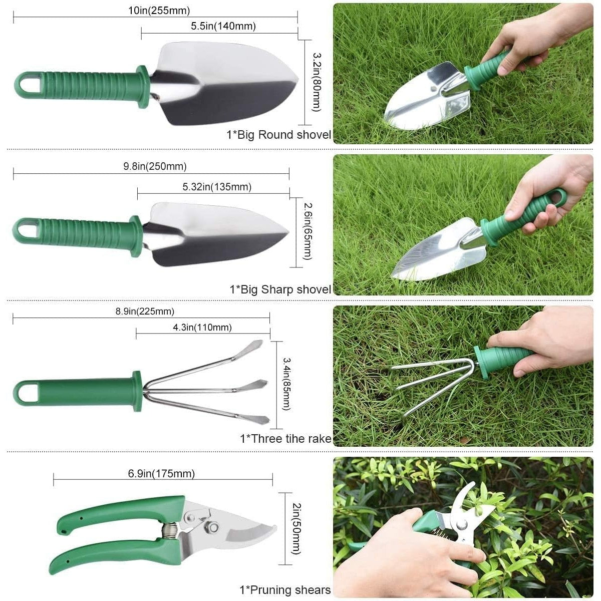 Set 10 Unelte de Gradina, Kadeny, pentru Plantare Prelucrare Sol si Ingrijire Plante, Manere Verzi, Material PVC si Otel Inoxidabil, Cutie Inclusa, 37x28x7 cm, Negru