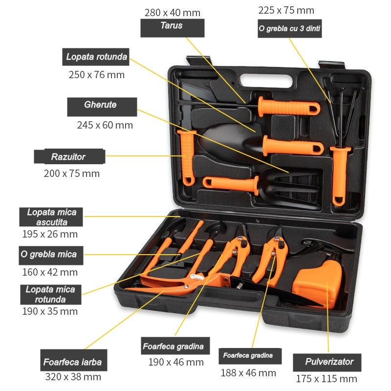 Set 12 accesorii pentru gradinarit Kadeny, geanta depozitare inclusa, otel inoxidabil, 37 x 27 cm, portocaliu