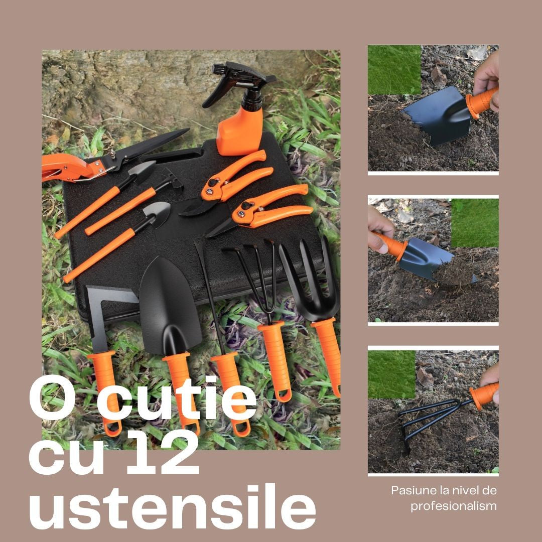 Set 12 accesorii pentru gradinarit Kadeny, geanta depozitare inclusa, otel inoxidabil, 37 x 27 cm, portocaliu