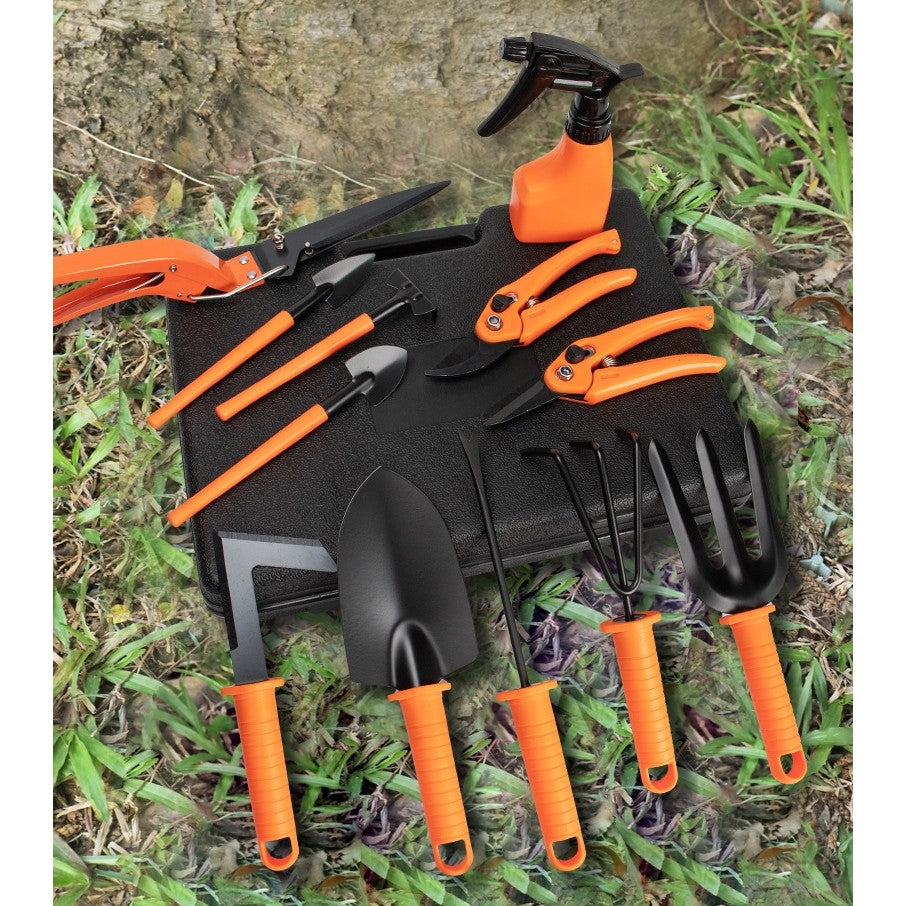 Set 12 accesorii pentru gradinarit Kadeny, geanta depozitare inclusa, otel inoxidabil, 37 x 27 cm, portocaliu