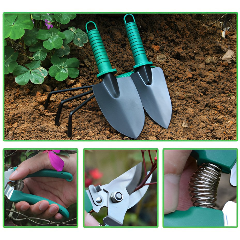 Set 12 Unelte de Gradina, Kadeny, pentru Plantare Prelucrare Sol si Ingrijire Plante, Material PVC si Otel, Cutie Inclusa, 38 x 29 cm, Verde Deschis