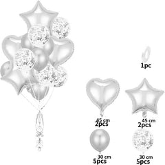 Set 14 Baloane din Folie Metalizata si din Latex, Kaveny, Figurine Stea si Inima 45 cm, Baloane Latex 30 cm, Tema Buchet, Ambalaj Individual, Pai Inclus, Umflare cu Aer sau Heliu, Argintiu