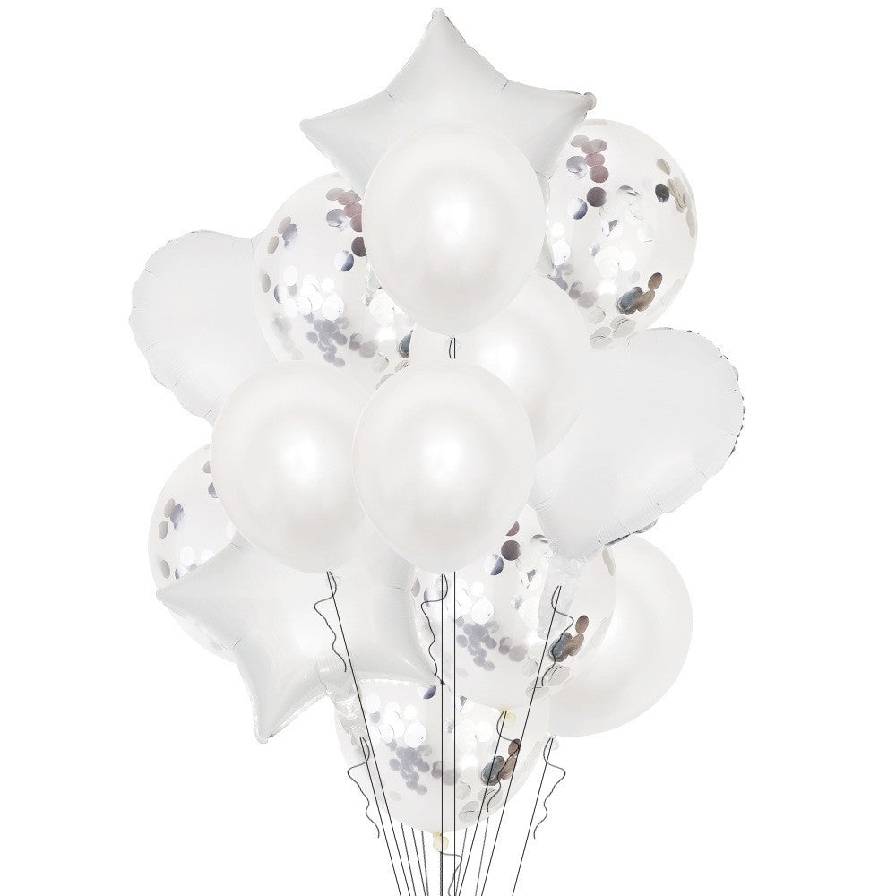 Set 14 Baloane din Folie Metalizata si din Latex, Kaveny, Figurine Stea si Inima 45 cm, Baloane Latex 30 cm, Tema Buchet, Ambalaj Individual, Pai Inclus, Umflare cu Aer sau Heliu, Argintiu