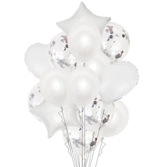 Set 14 Baloane din Folie Metalizata si din Latex, Kaveny, Figurine Stea si Inima 45 cm, Baloane Latex 30 cm, Tema Buchet, Ambalaj Individual, Pai Inclus, Umflare cu Aer sau Heliu, Argintiu