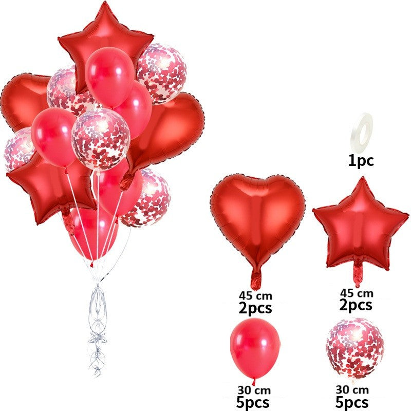 Set 14 Baloane din Folie Metalizata si din Latex, Kaveny, Figurine Stea si Inima 45 cm, Baloane Latex 30 cm, Tema Buchet, Ambalaj Individual, Pai Inclus, Umflare cu Aer sau Heliu, Rosu
