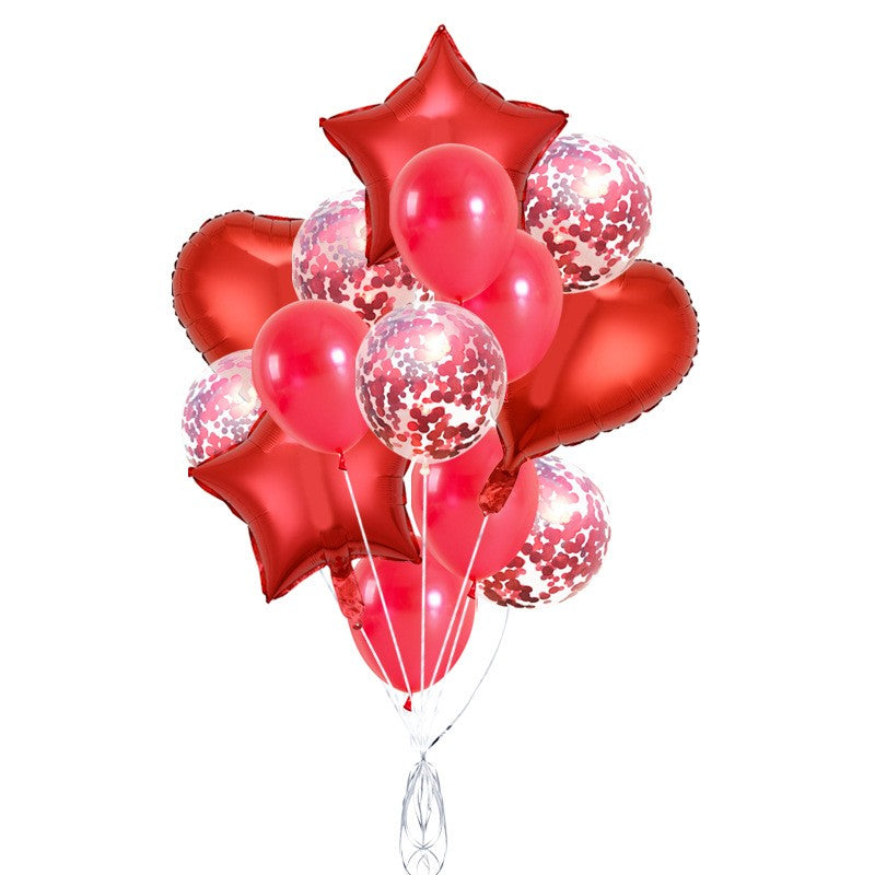 Set 14 Baloane din Folie Metalizata si din Latex, Kaveny, Figurine Stea si Inima 45 cm, Baloane Latex 30 cm, Tema Buchet, Ambalaj Individual, Pai Inclus, Umflare cu Aer sau Heliu, Rosu